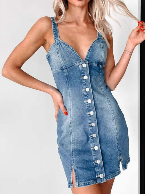 Medium-wash denim mini dress, sleeveless sweetheart neckline with row of front buttons