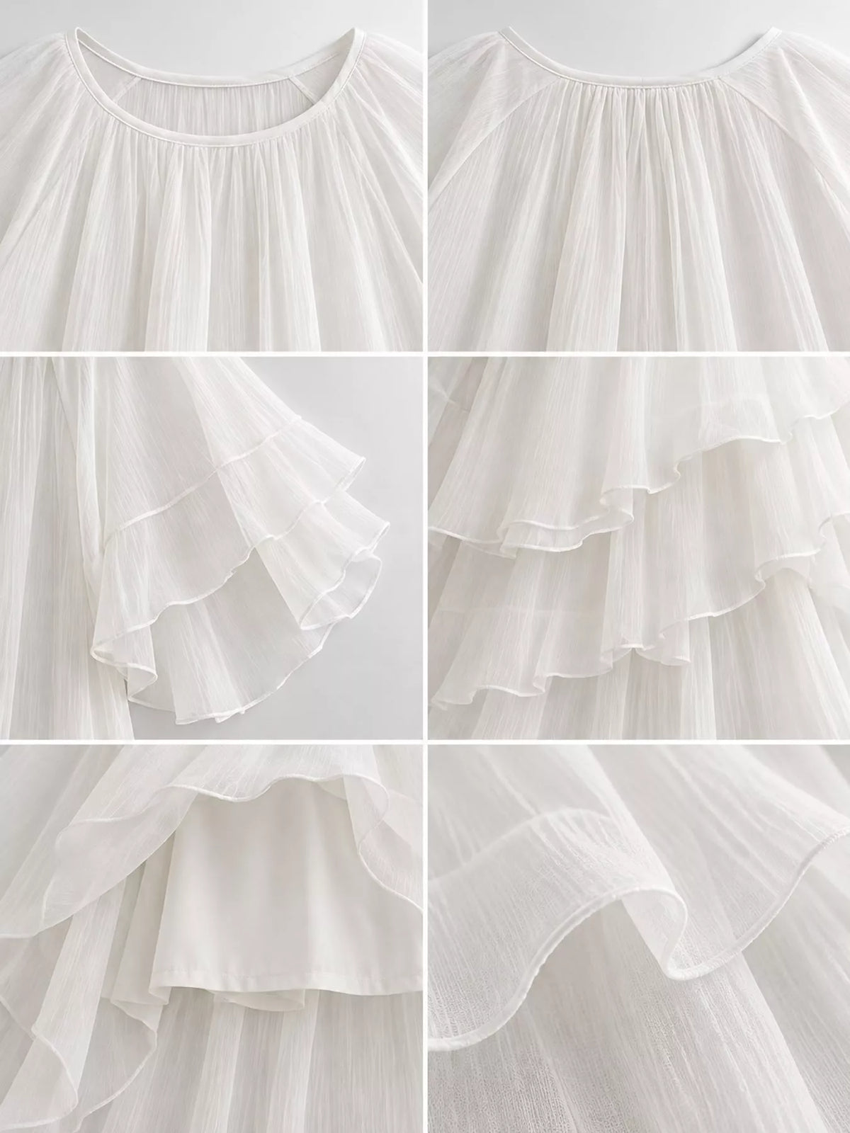 White maxi dress neckline and ruffle layers close-up with gathered yoke