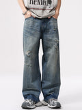 Men's wide-leg distressed washed cotton jeans, light blue with ripped patches