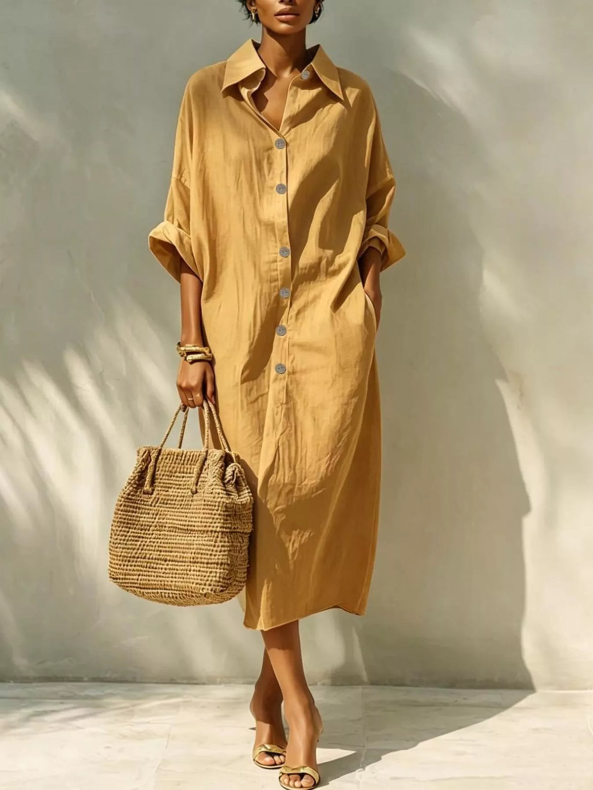 Mustard button-front shirt dress with short sleeves and collared neckline