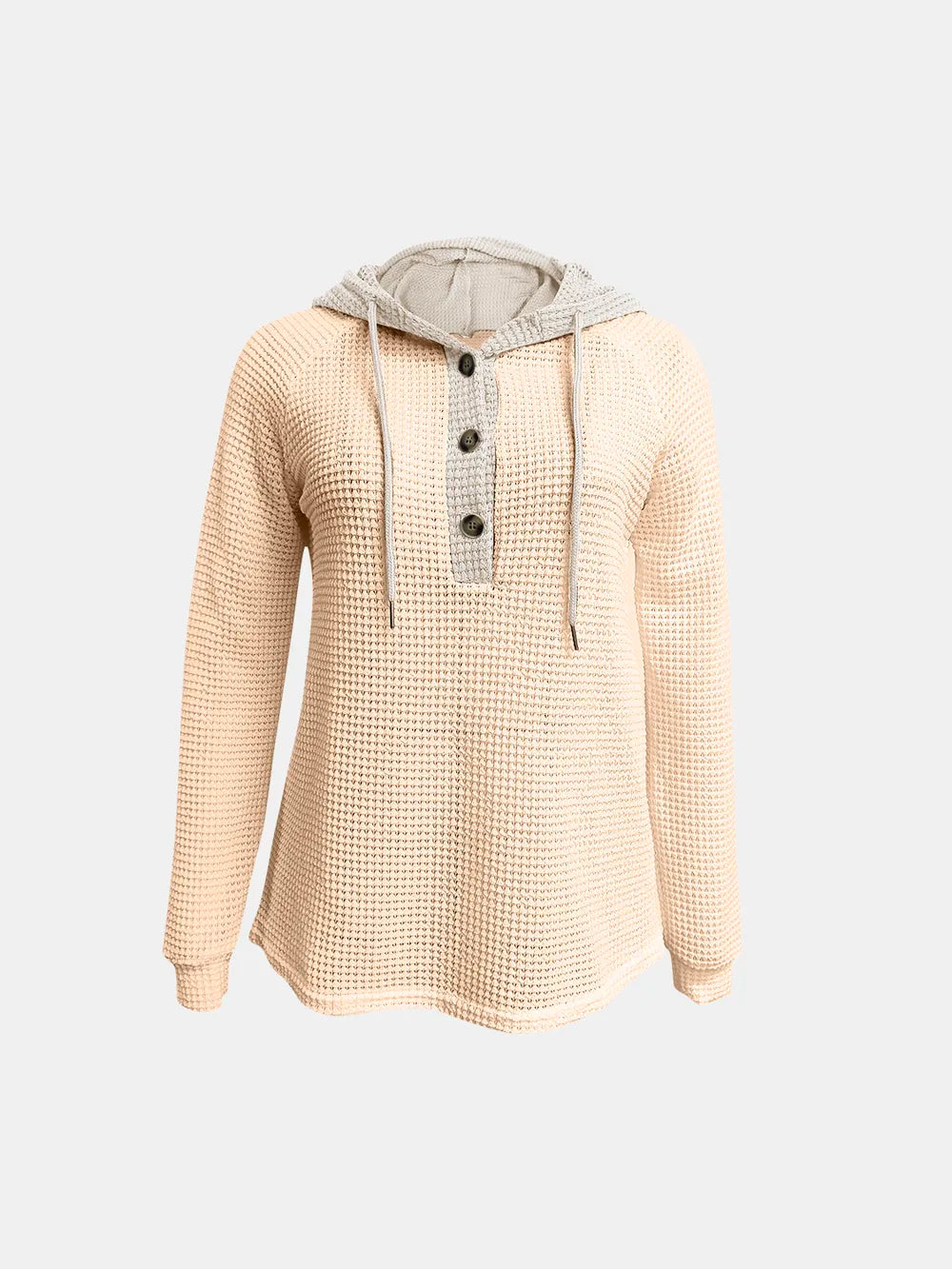 Beige waffle-knit long sleeve hoodie with contrast henley placket, hood and drawstrings