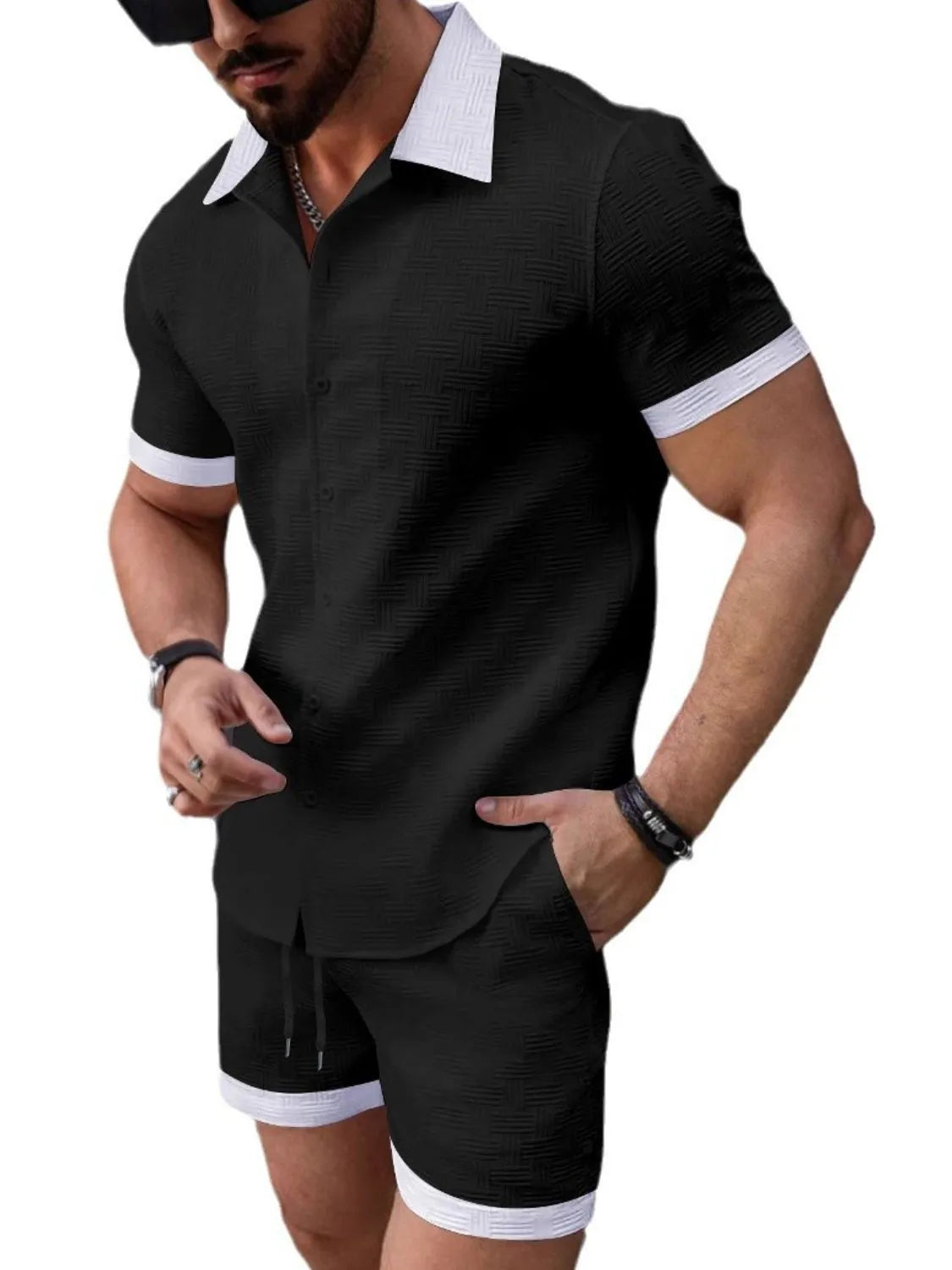 Men's black short-sleeve button shirt and matching shorts set with white-trim sleeve cuffs