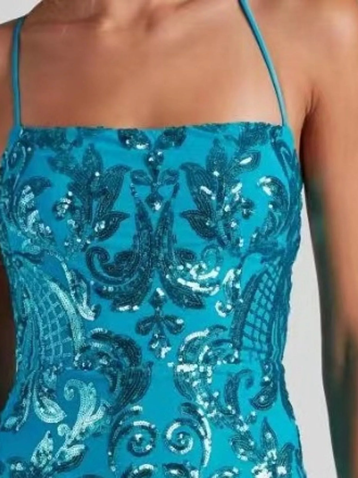 Turquoise sequin bodycon evening dress bodice with thin straps and straight neckline