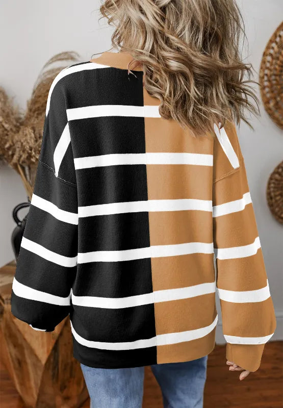 Contrast striped long sleeve sweatshirt, back view in tan and black with white stripes