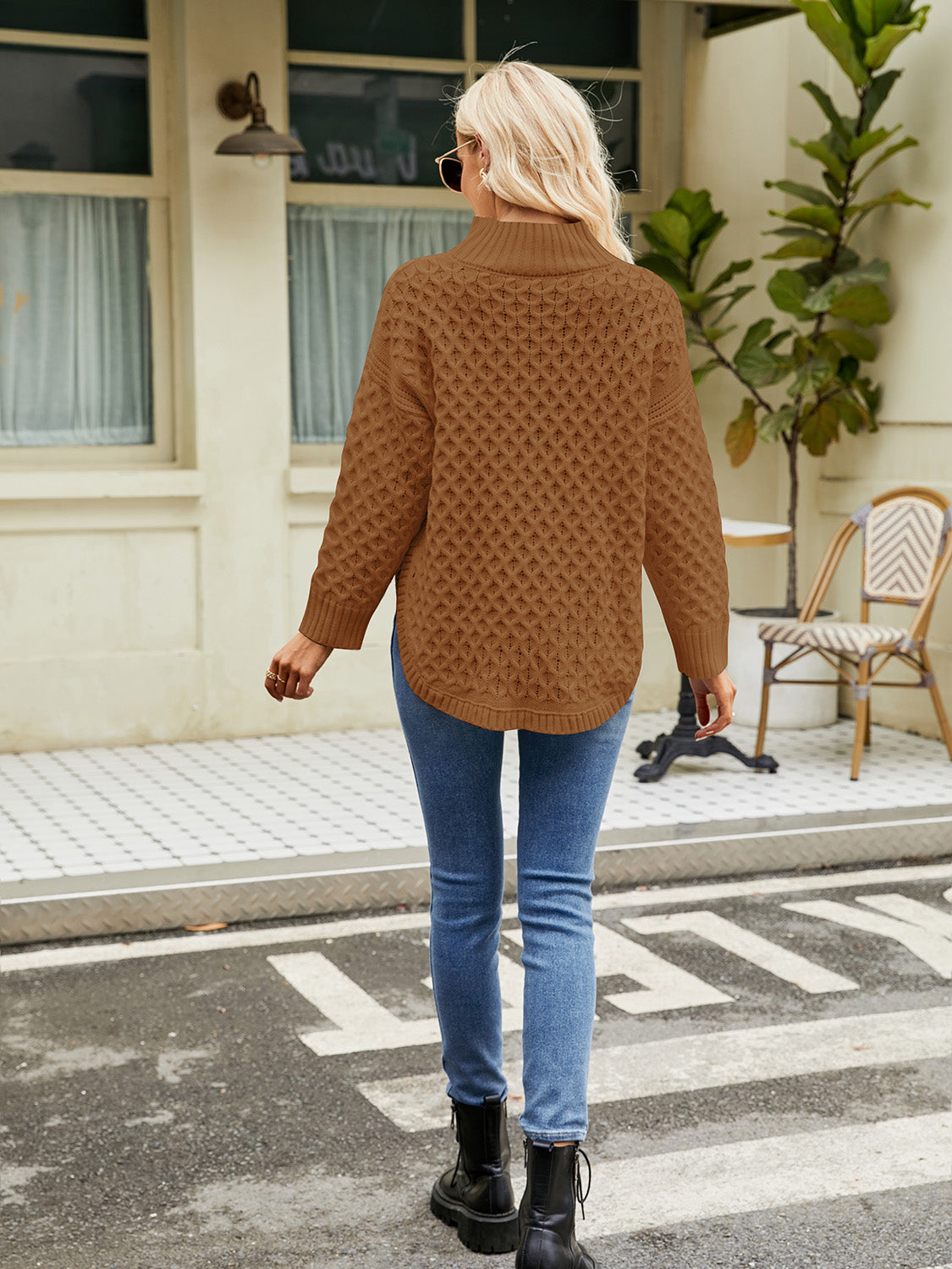 Caramel mock neck knit sweater from back, long sleeves, textured diamond pattern