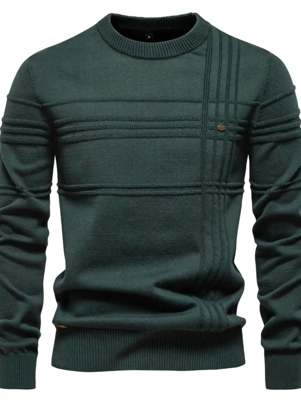 Dark green men’s round-neck striped knit sweater, front view with ribbed hem and cuffs