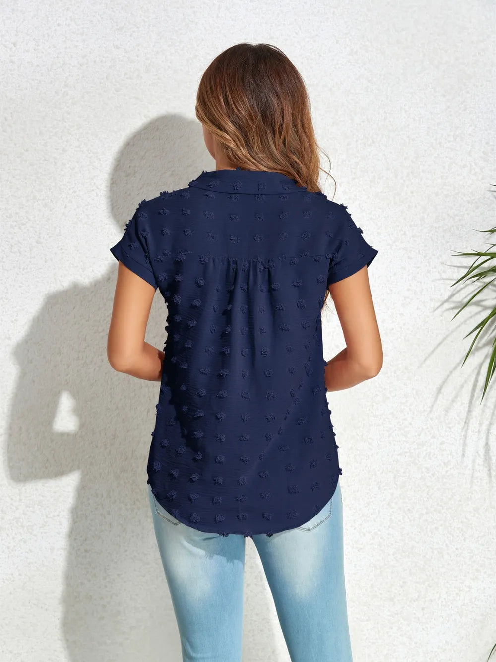 Navy Swiss-dot cap-sleeve button-up shirt, back view