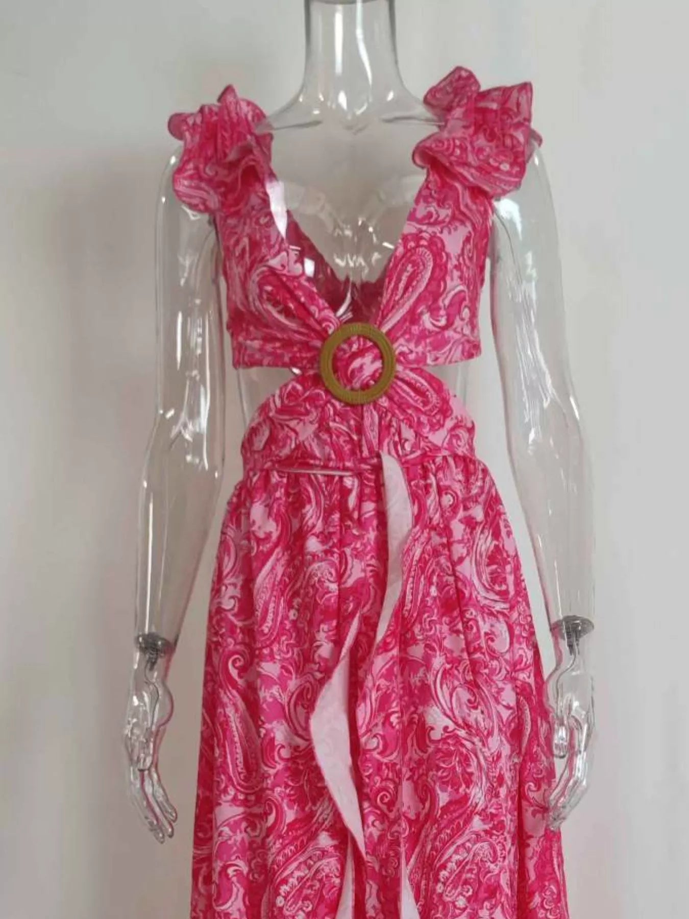Cedar & Moore pink paisley ruffled V-neck maxi dress plus-size, belt with gold ring buckle
