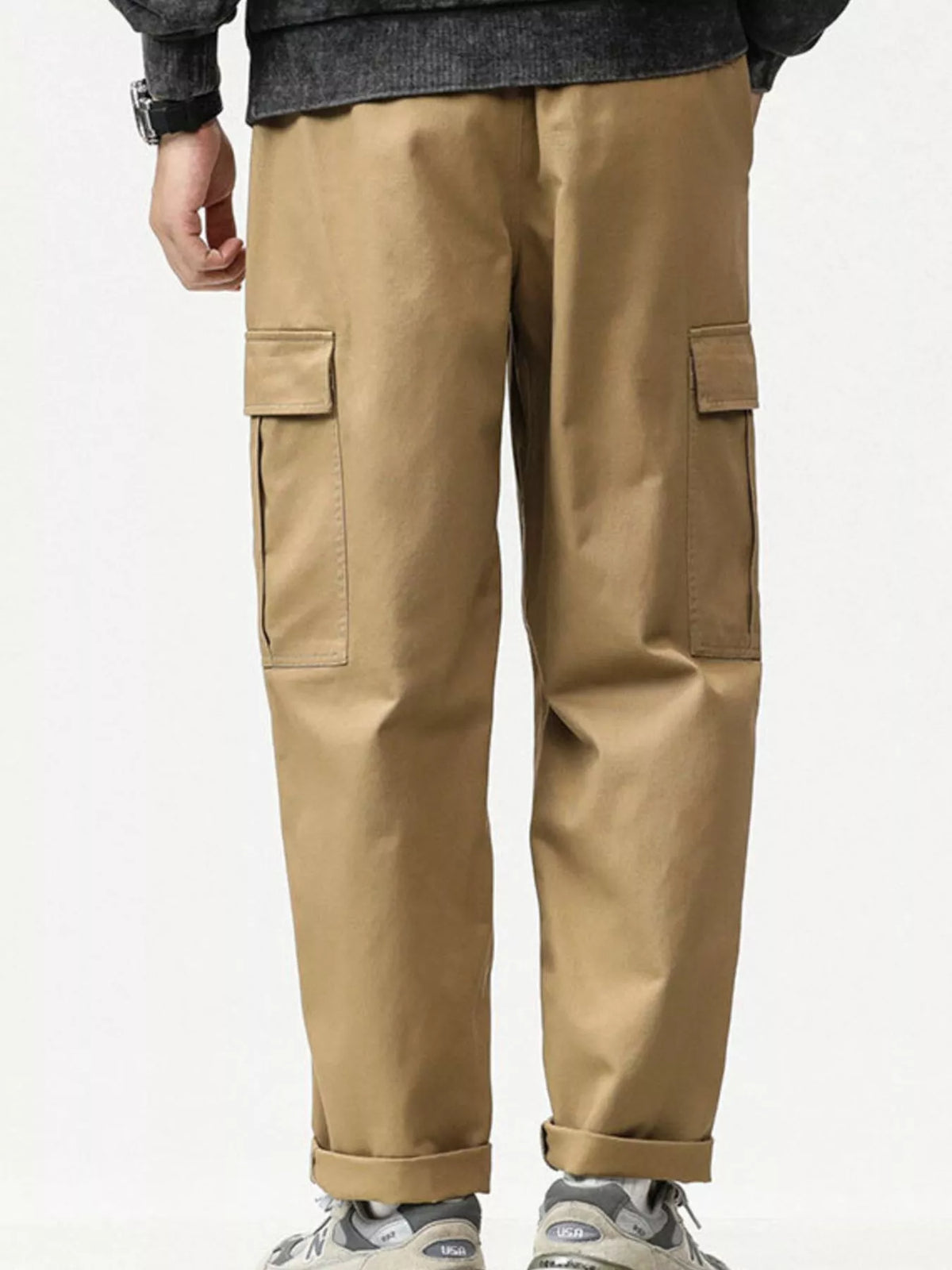 Men's khaki cargo pants with elastic waist and two side cargo pockets