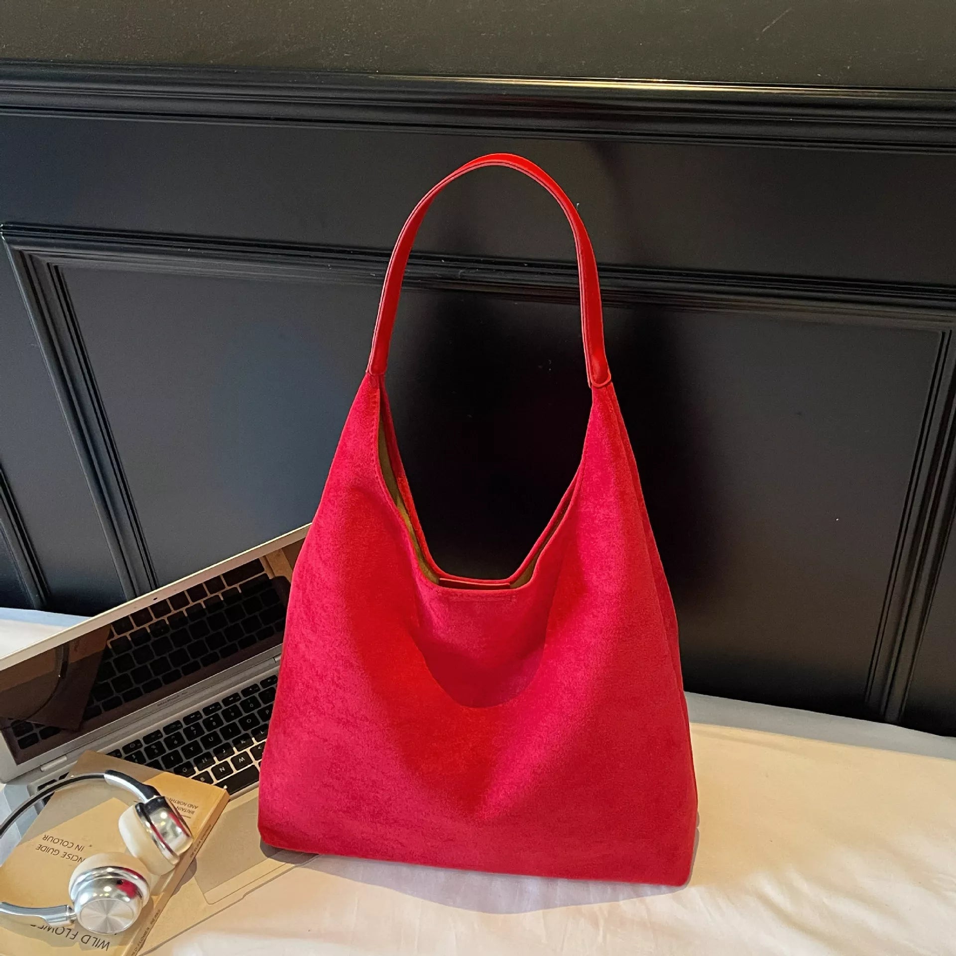 Red shoulder bag with wide handle and open top