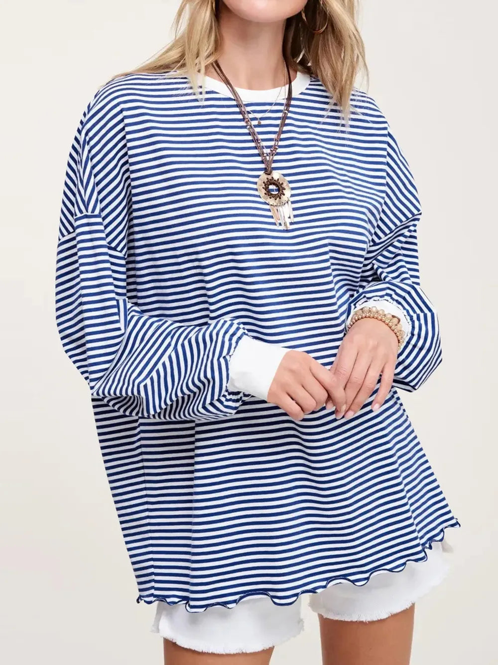 Contrast striped long-sleeve sweatshirt, navy contrast stripes with white-and-navy horizontal stripes