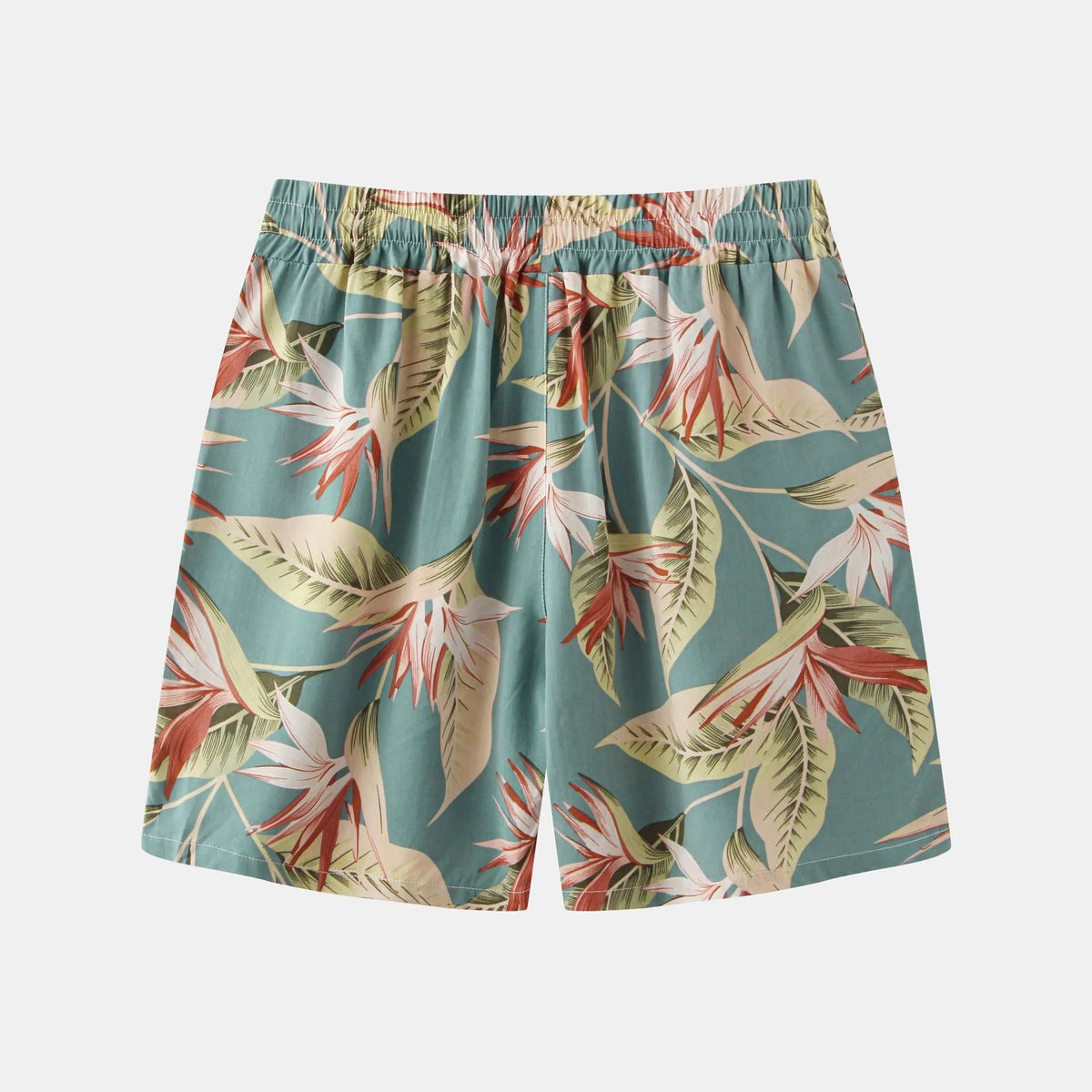Turquoise tropical leaf print elastic waist casual shorts with drawstring, leafy pattern