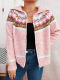 Pink zip-up cardigan with Fair Isle yoke pattern, hooded collar, long sleeves