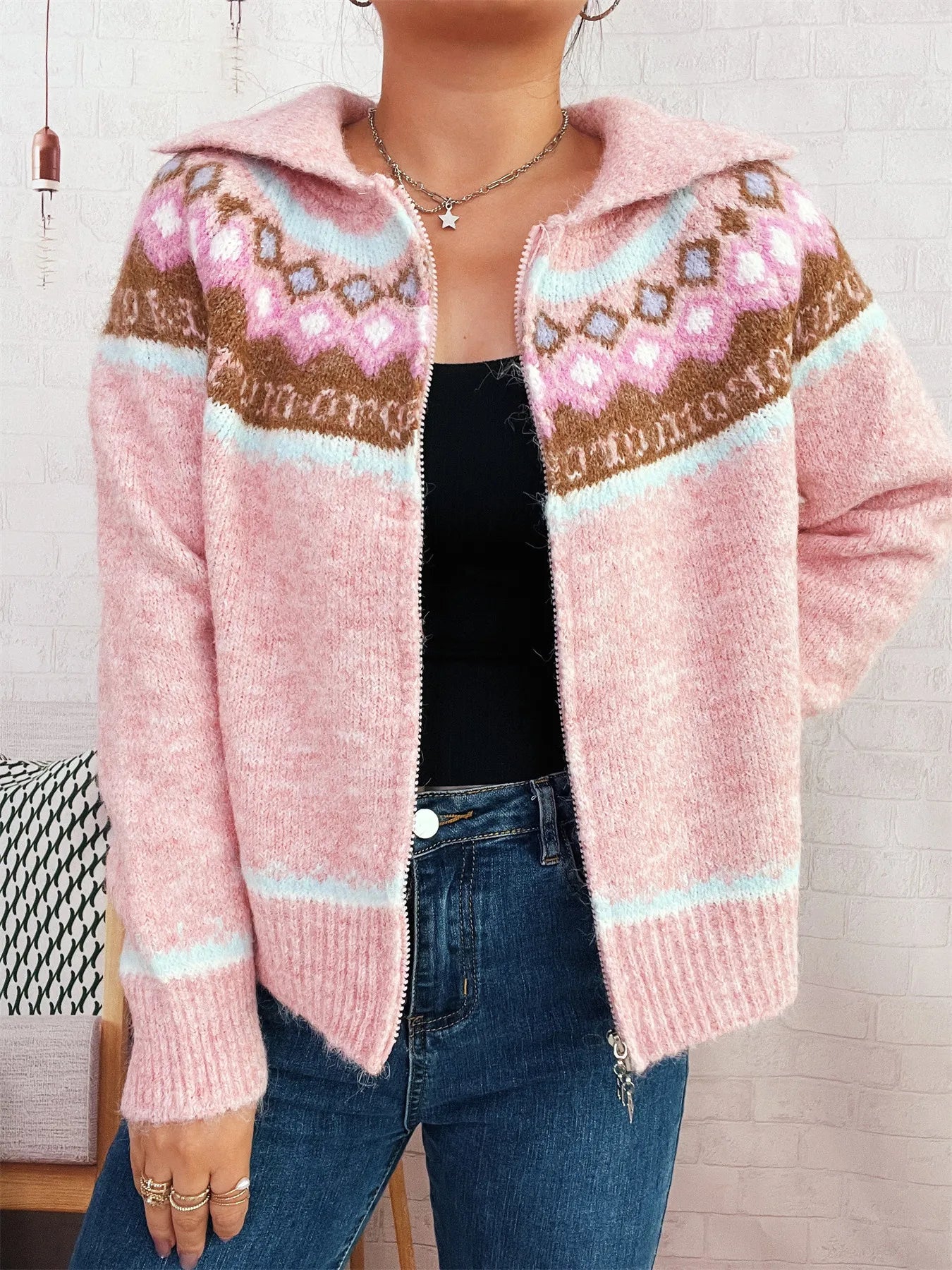 Pink zip-up cardigan with Fair Isle yoke pattern, hooded collar, long sleeves