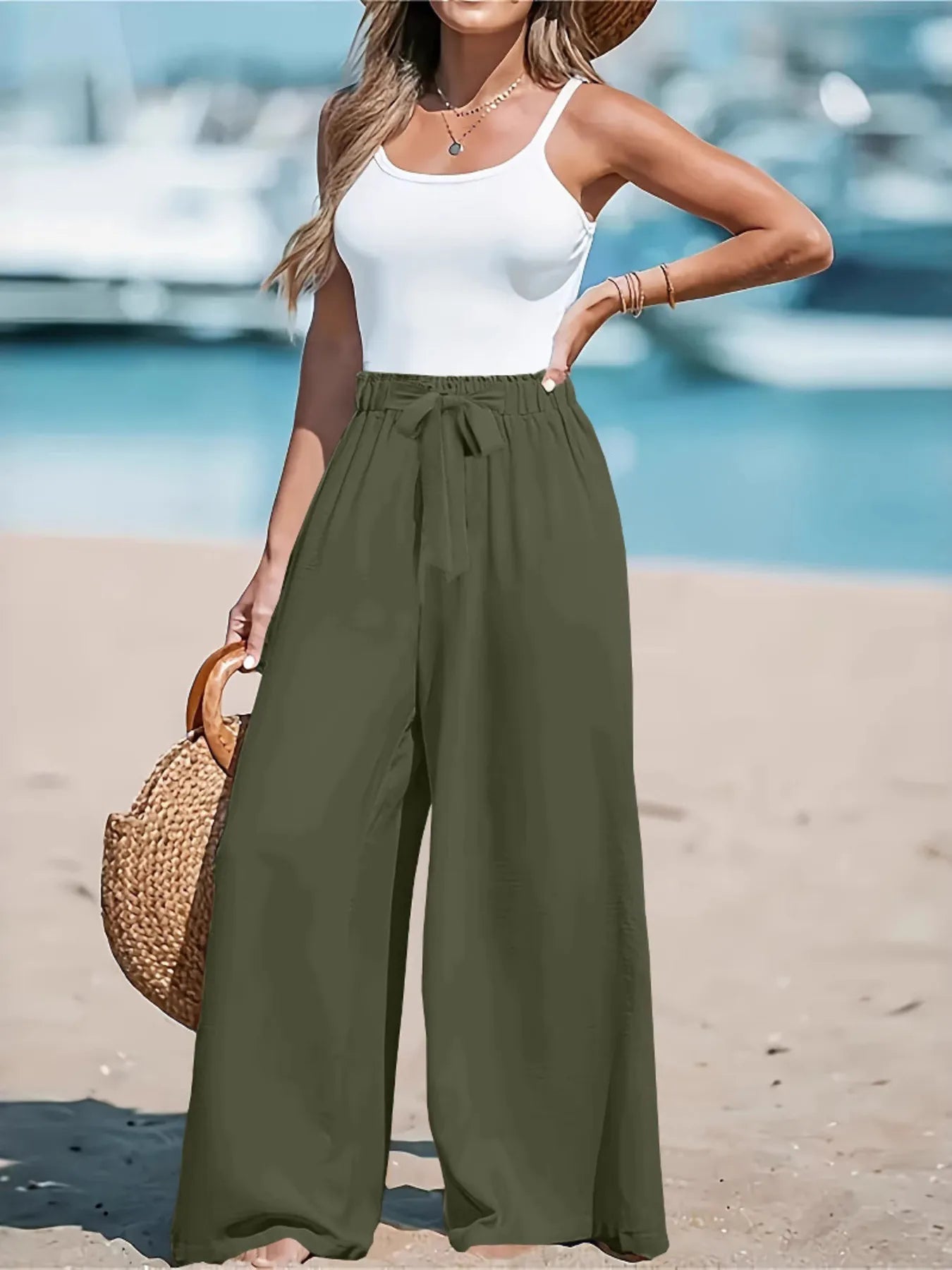 Army green wide-leg drawstring pants with gathered waist and relaxed fit