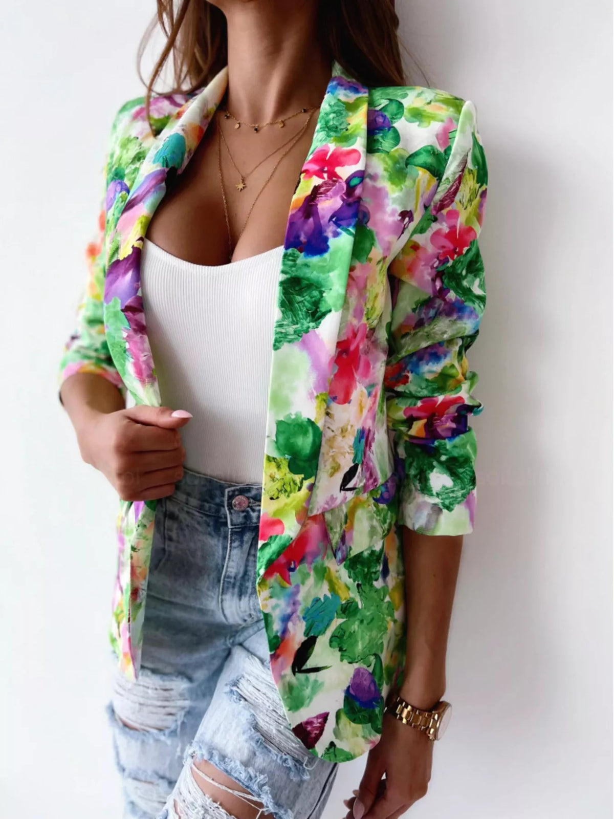 Floral print open-front blazer with patch pockets, vivid green and multicolor, 3/4 sleeves