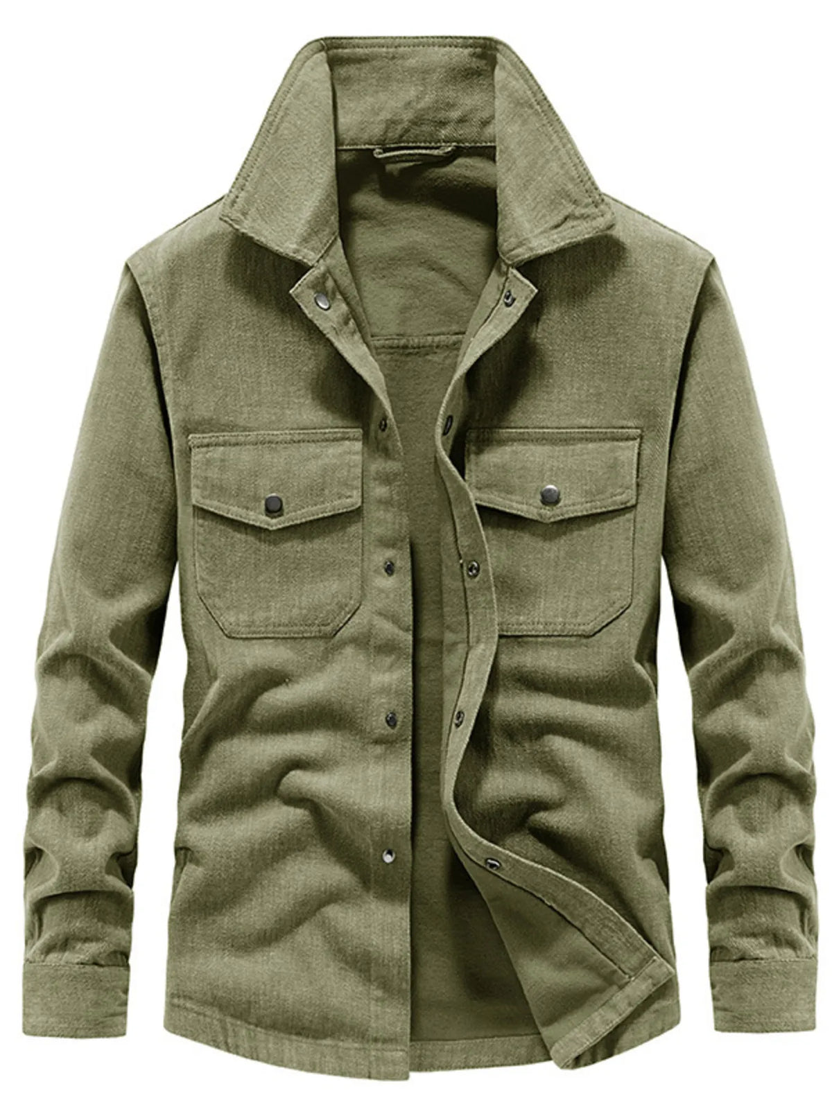 Men's army green cotton shirt jacket with dual chest flap pockets and button front