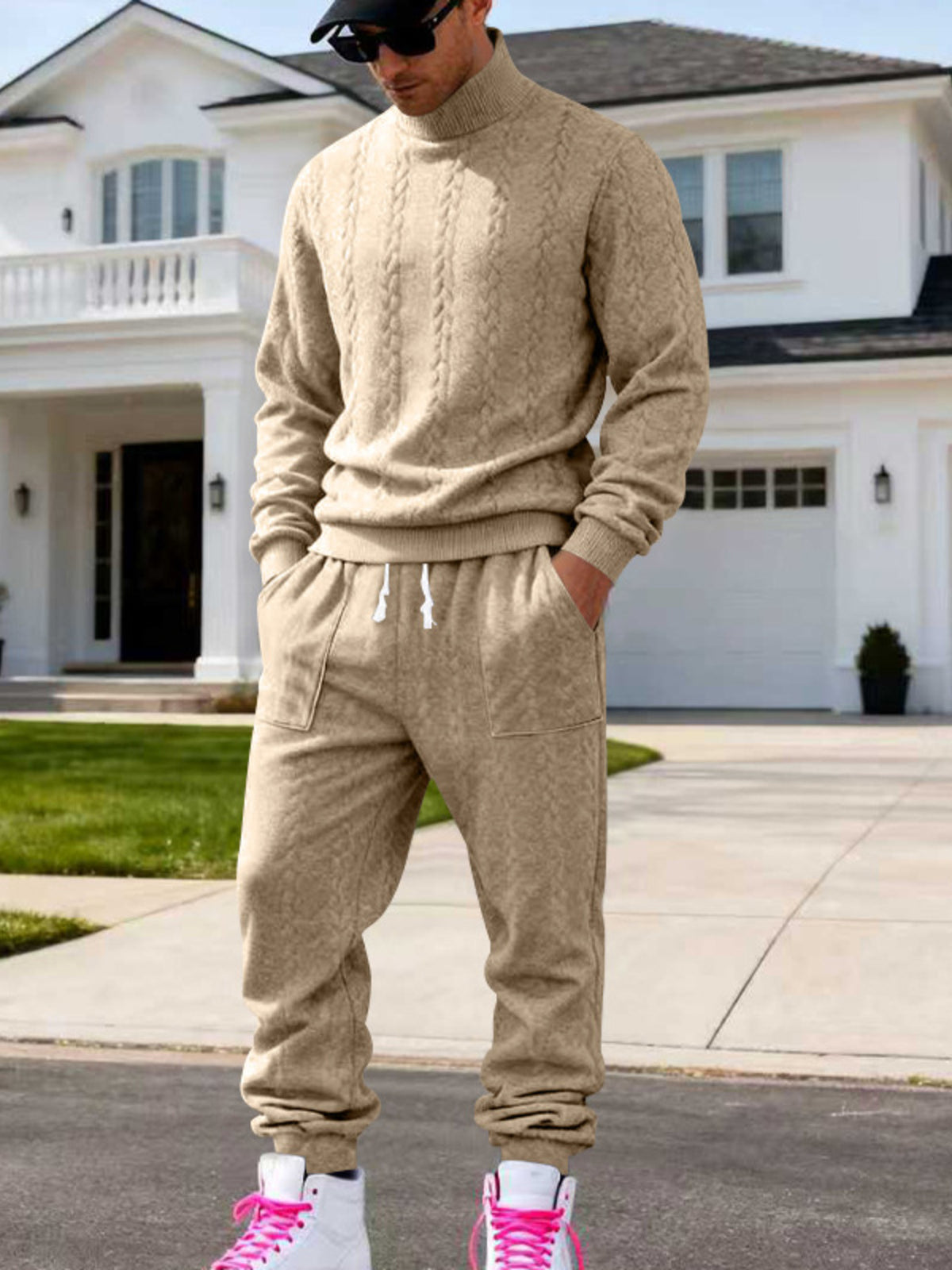 Men's light gray cable knit mock neck sweater and jogger set, long sleeves and drawstring waist