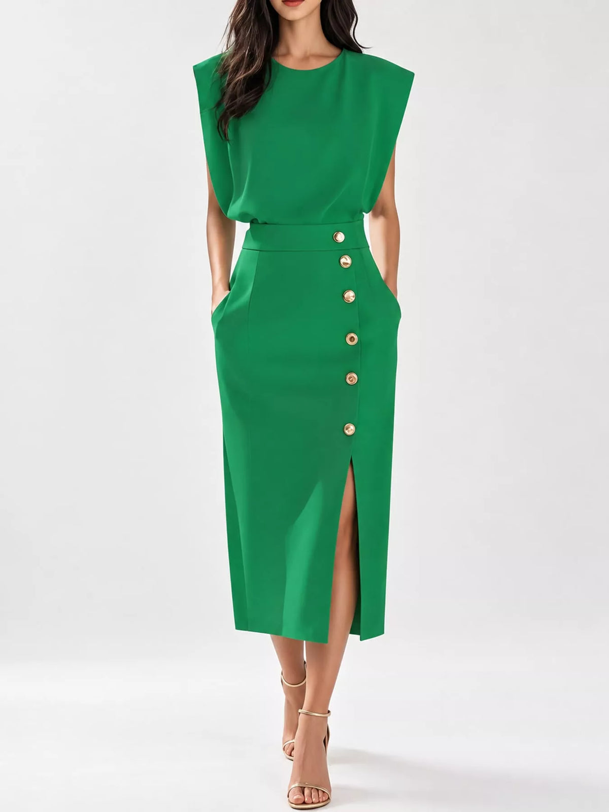 Green sleeveless midi dress with gold button front and side slit