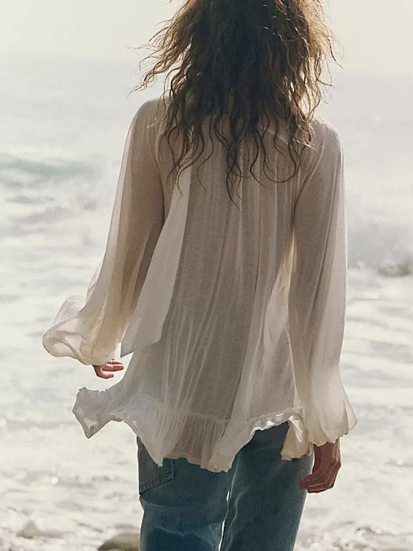 Cedar & Moore Sheer Ruffle Trim Beach Cover-Up, light beige, long-sleeve chiffon