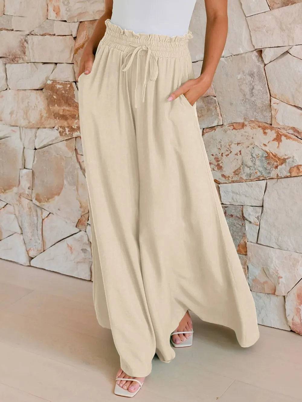 Drawstring wide-leg pants with elastic waist, light tan