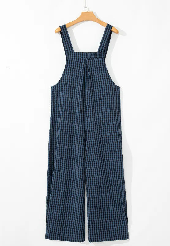 Dark blue plaid wide-back overalls with button straps and wide legs