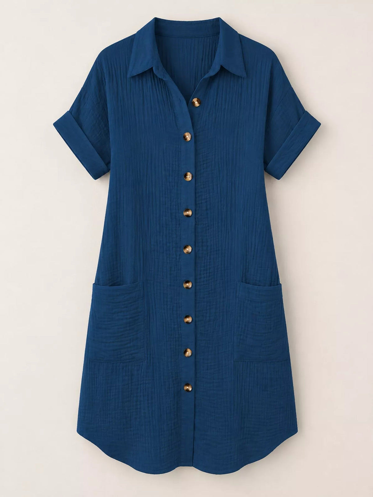 Textured button-up shirt dress with pockets, navy blue, short sleeves and chest pockets