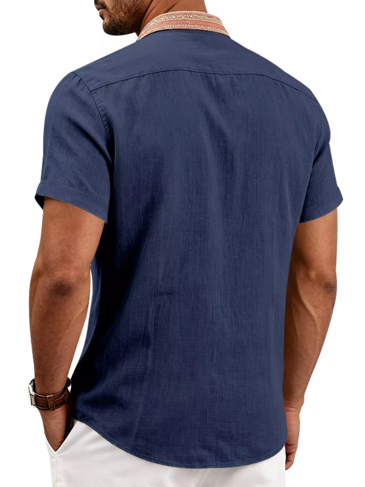 Navy blue men’s short sleeve cotton stretch shirt, back view