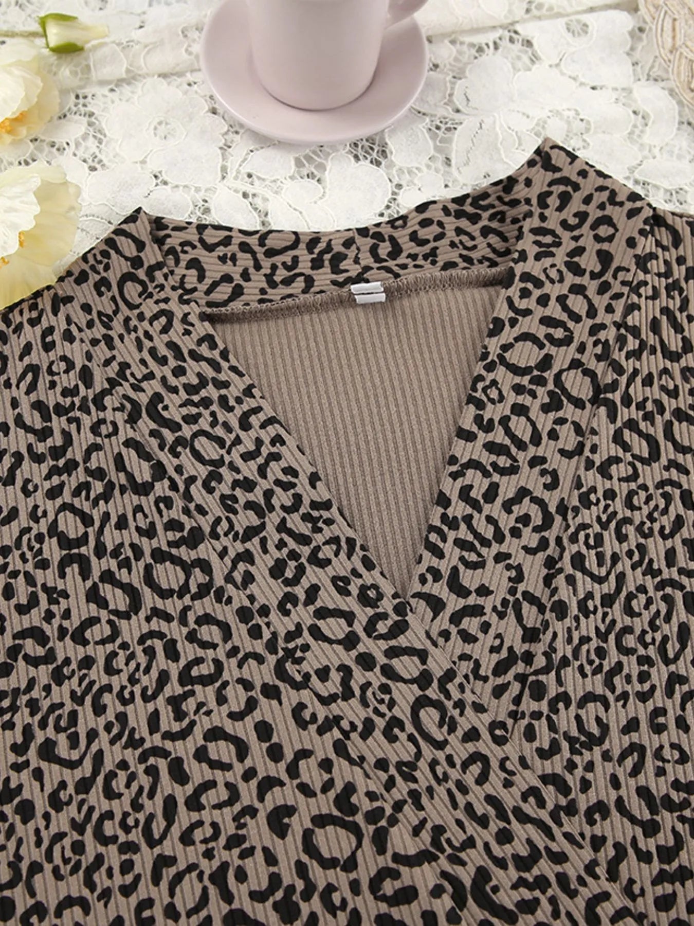 Leopard print cami cardigan top with ribbed neckline trim