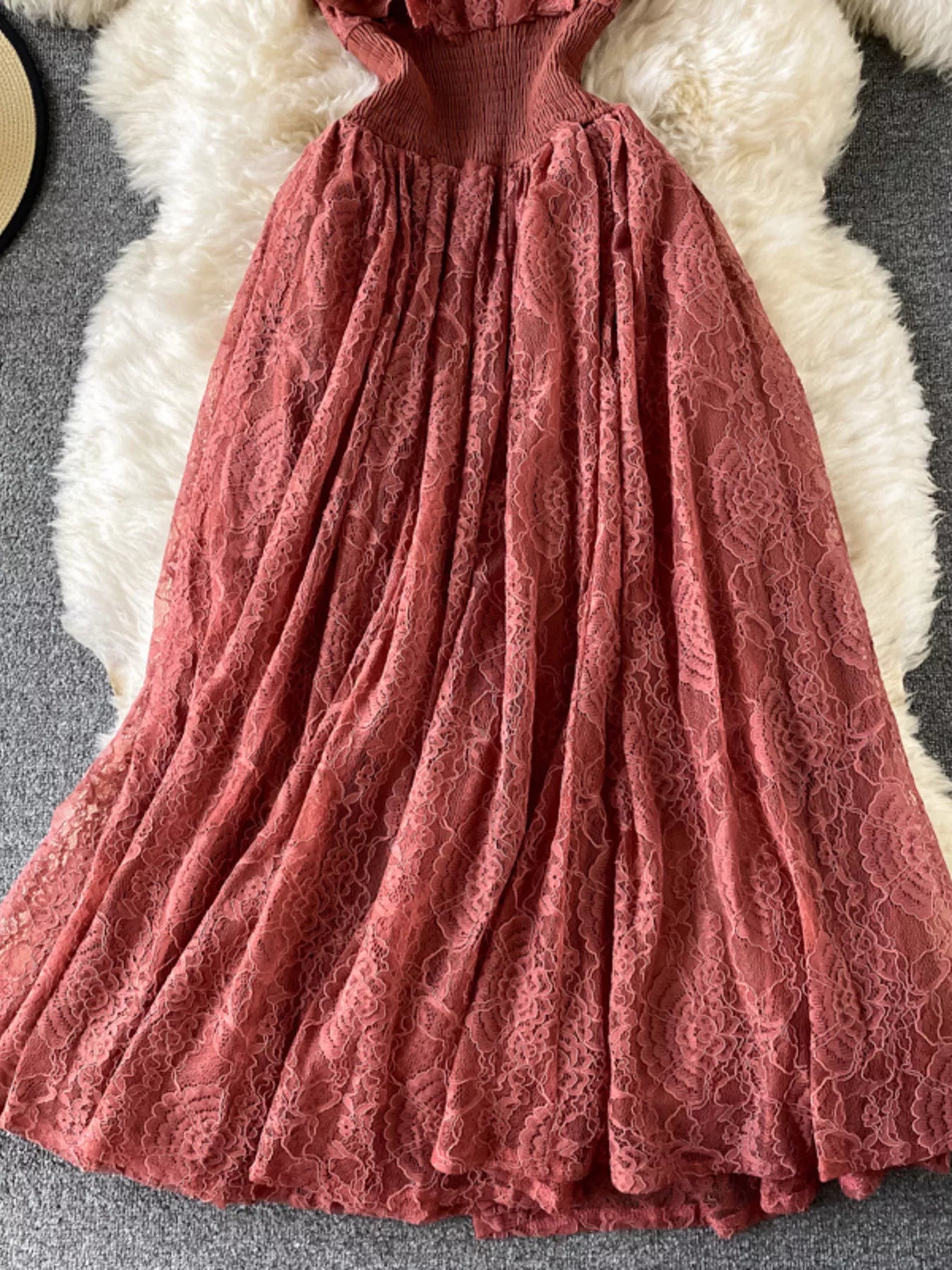 Cedar & Moore Ruffled Mock-Neck Lace Maxi Dress in dusty rose