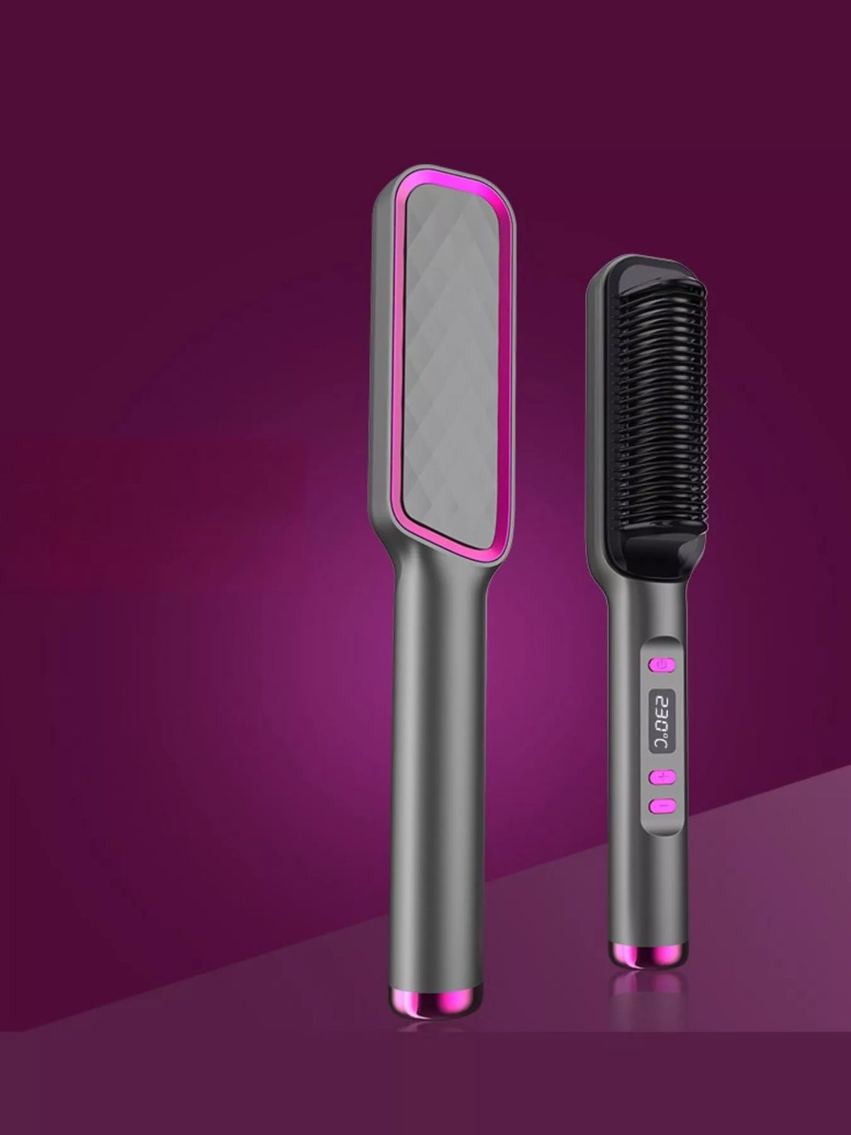 Gray ceramic straightening comb with pink-edged window panel and black comb head