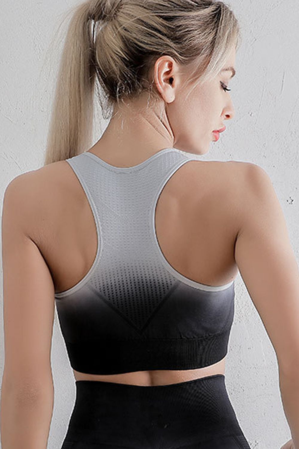 Grey and black gradient racerback sports bra, open scoop back with elastic trim