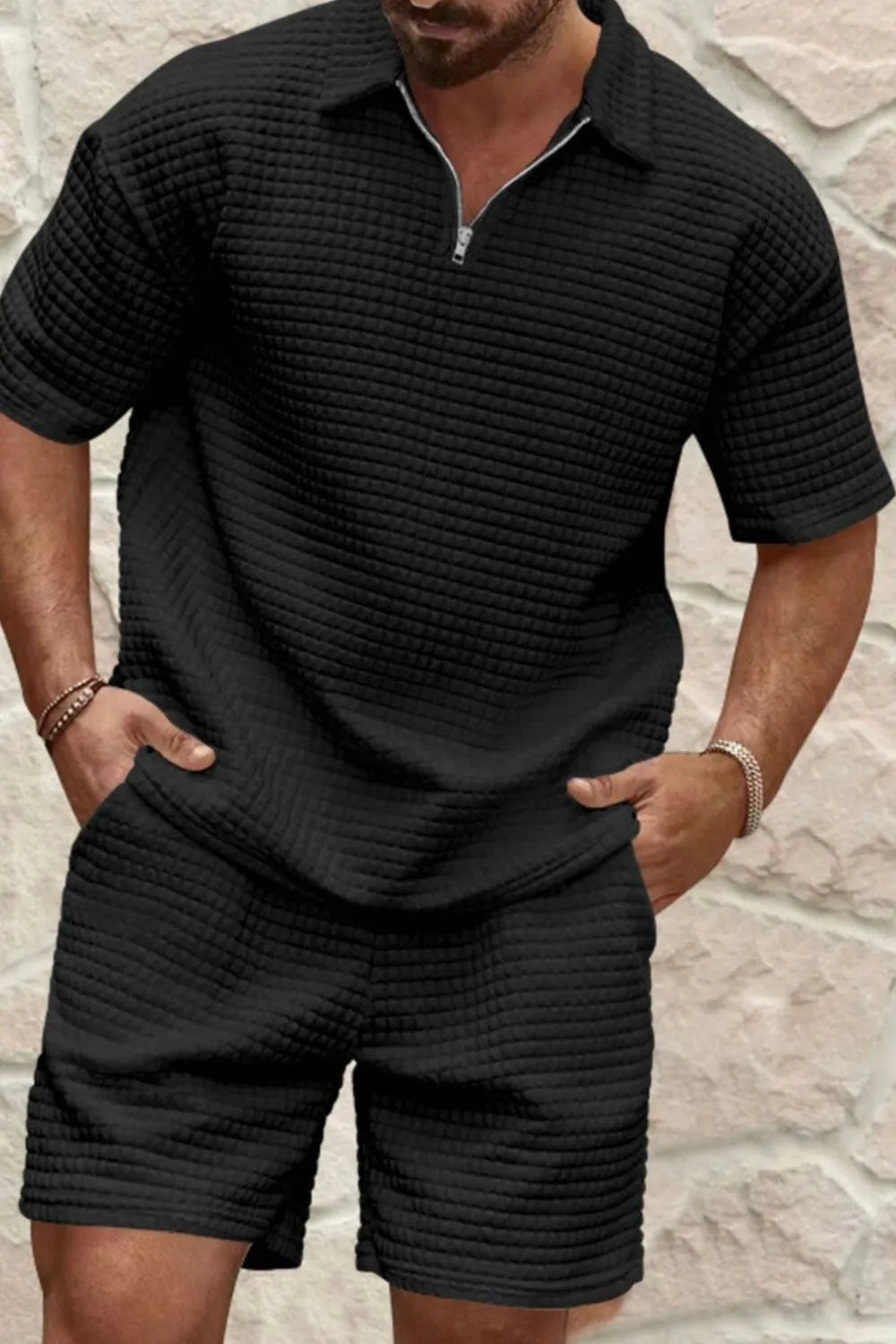 Men's knit short sleeve top and shorts set, quarter-zip polo collar, black