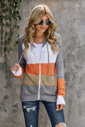Gray zip-up hooded cardigan with openwork texture, orange and white horizontal stripe panels
