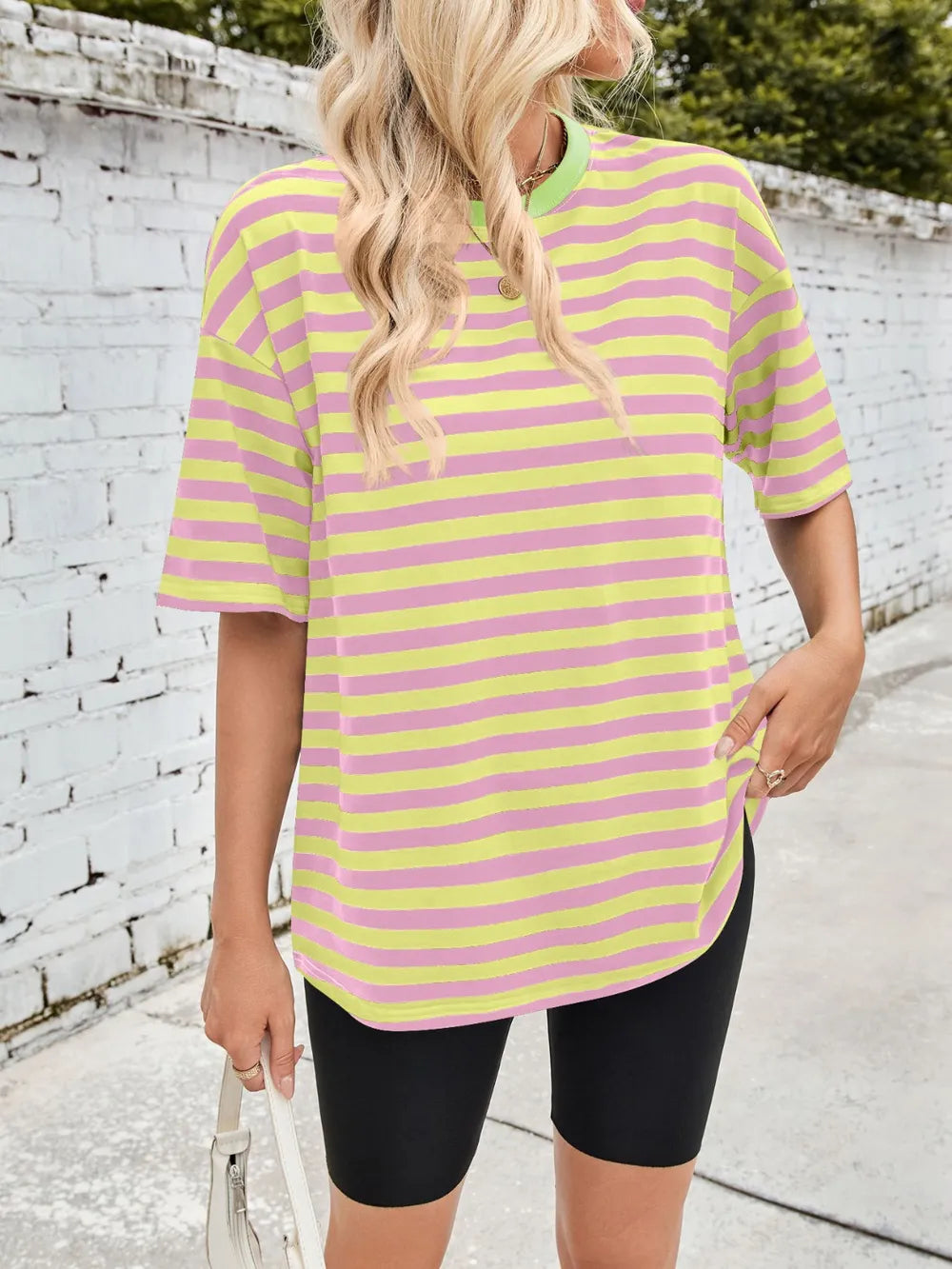 Pastel yellow and pink striped round-neck short-sleeve T-shirt, back view