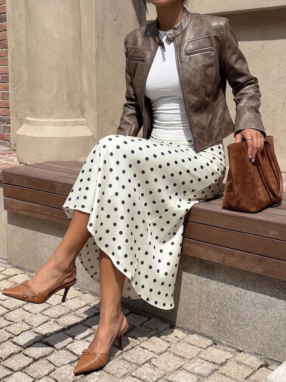 Beige polka dot stretch midi skirt with flared A-line silhouette