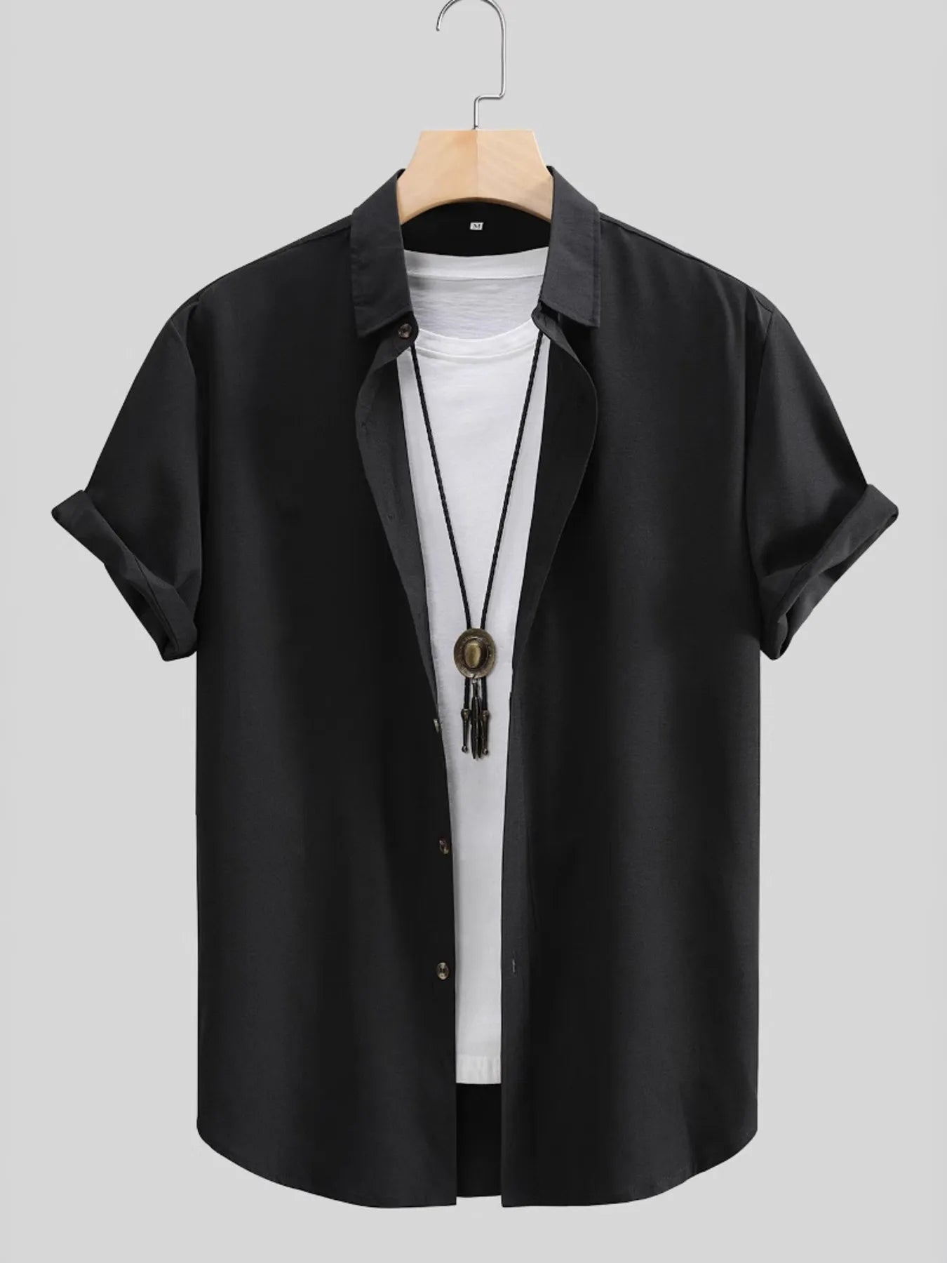 Black short-sleeve button-up shirt with point collar and front buttons