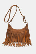 Caramel suede fringe shoulder bag with adjustable strap and metal ring hardware