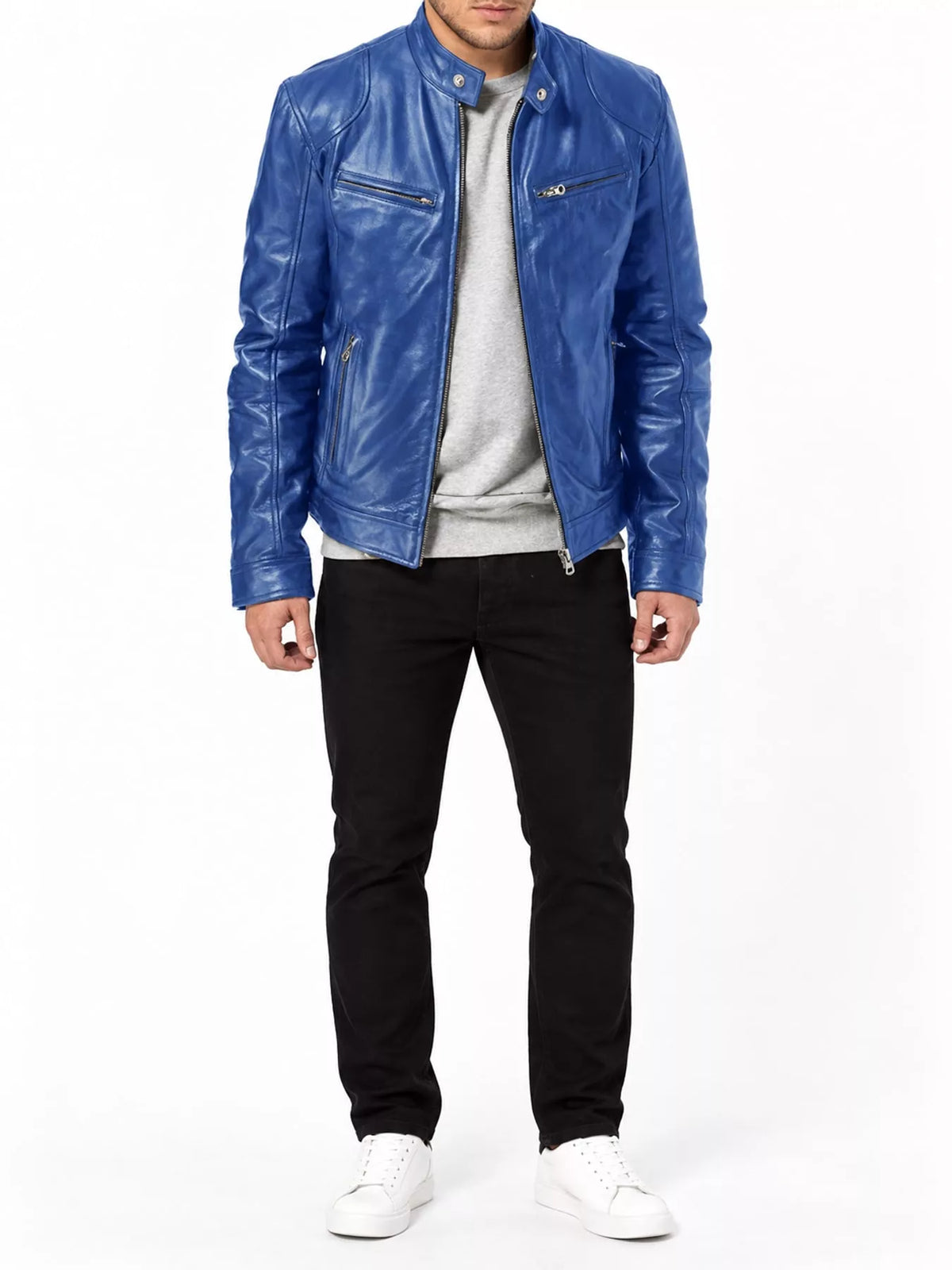 Men's zip-up vegan leather jacket, bright blue, stand collar with front zip and chest pockets