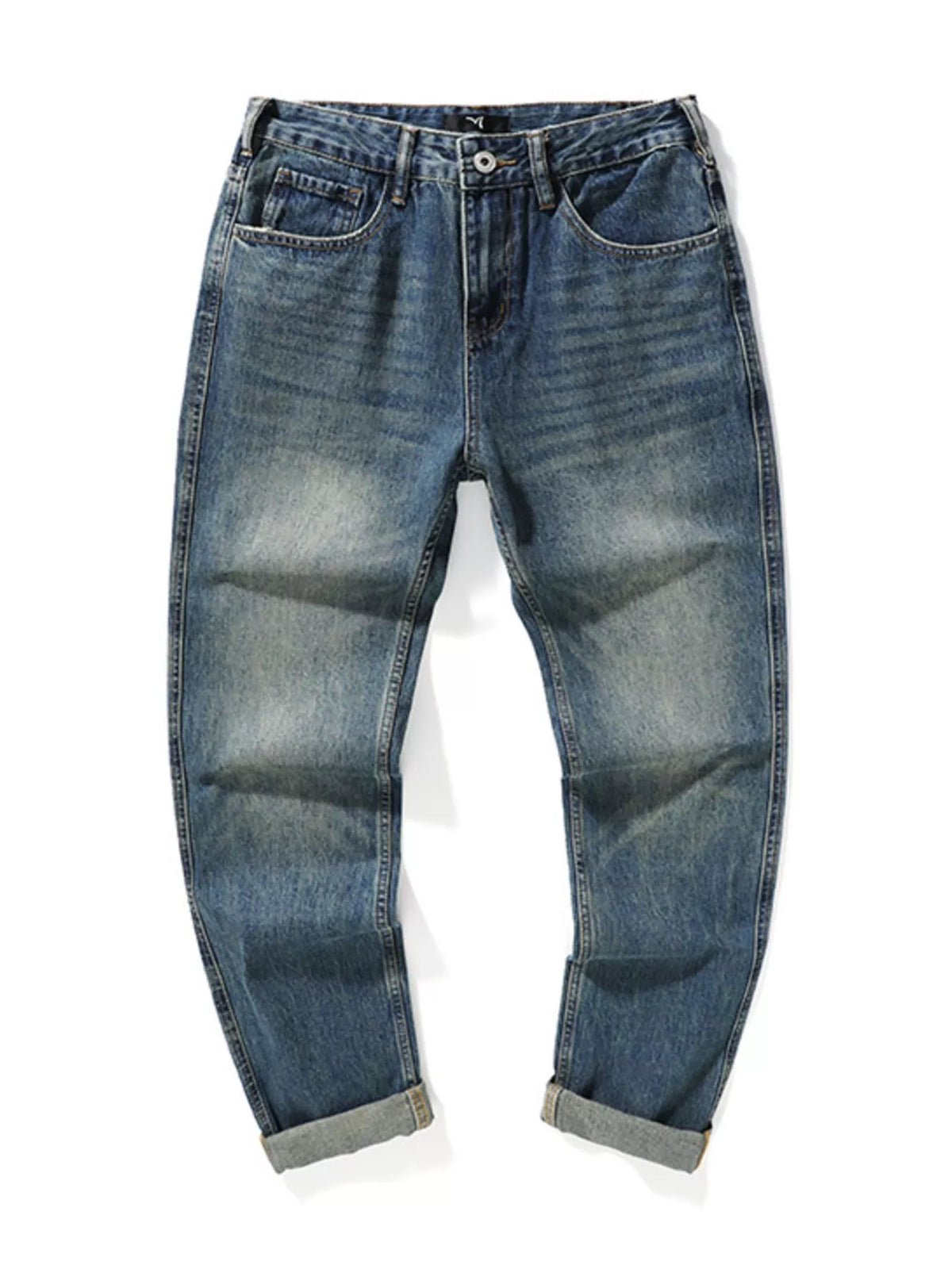Washed stretch denim jeans in vintage blue, slim fit with button waist