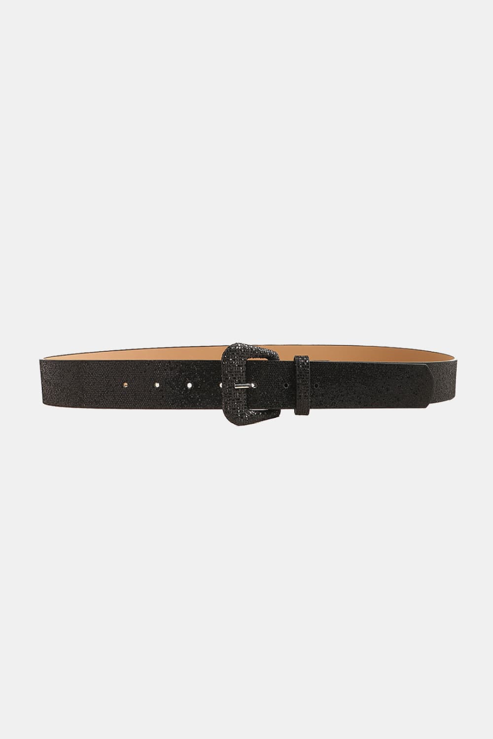 Black glitter vegan leather belt with rectangular buckle and belt holes