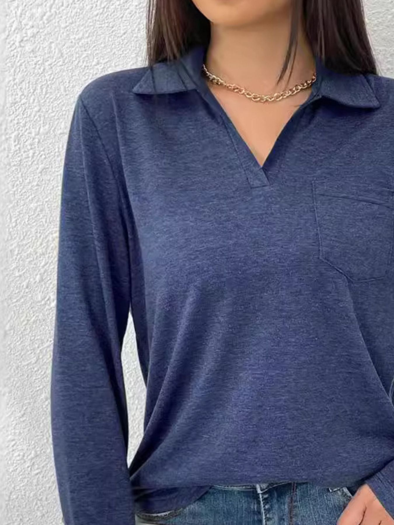 Cedar & Moore Collared Neck Long Sleeve T-shirt in blue heather with chest pocket, Trendsi.
