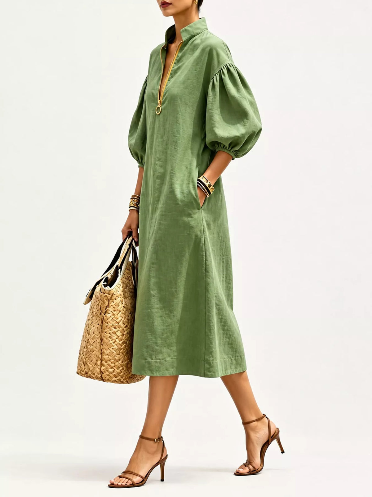 Army green relaxed midi dress with half-zip, puff sleeves, and gathered shoulders