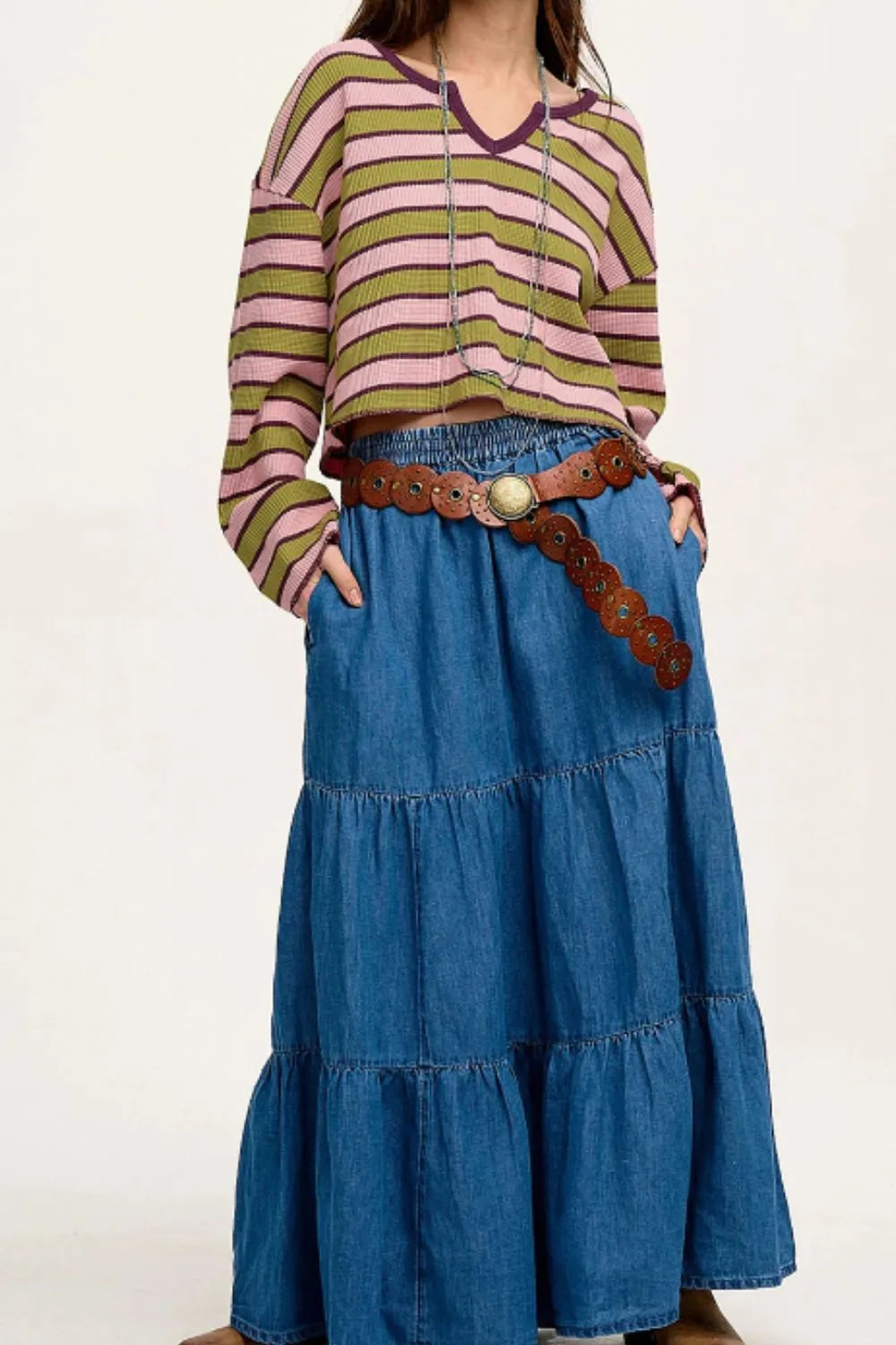 Striped long-sleeve T-shirt with notched neckline, pink, green, and purple striped knit