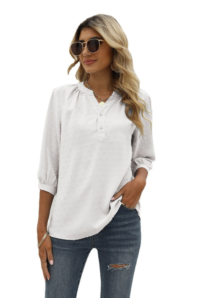 Swiss dot notched-neck blouse, white, three-quarter sleeves, button placket