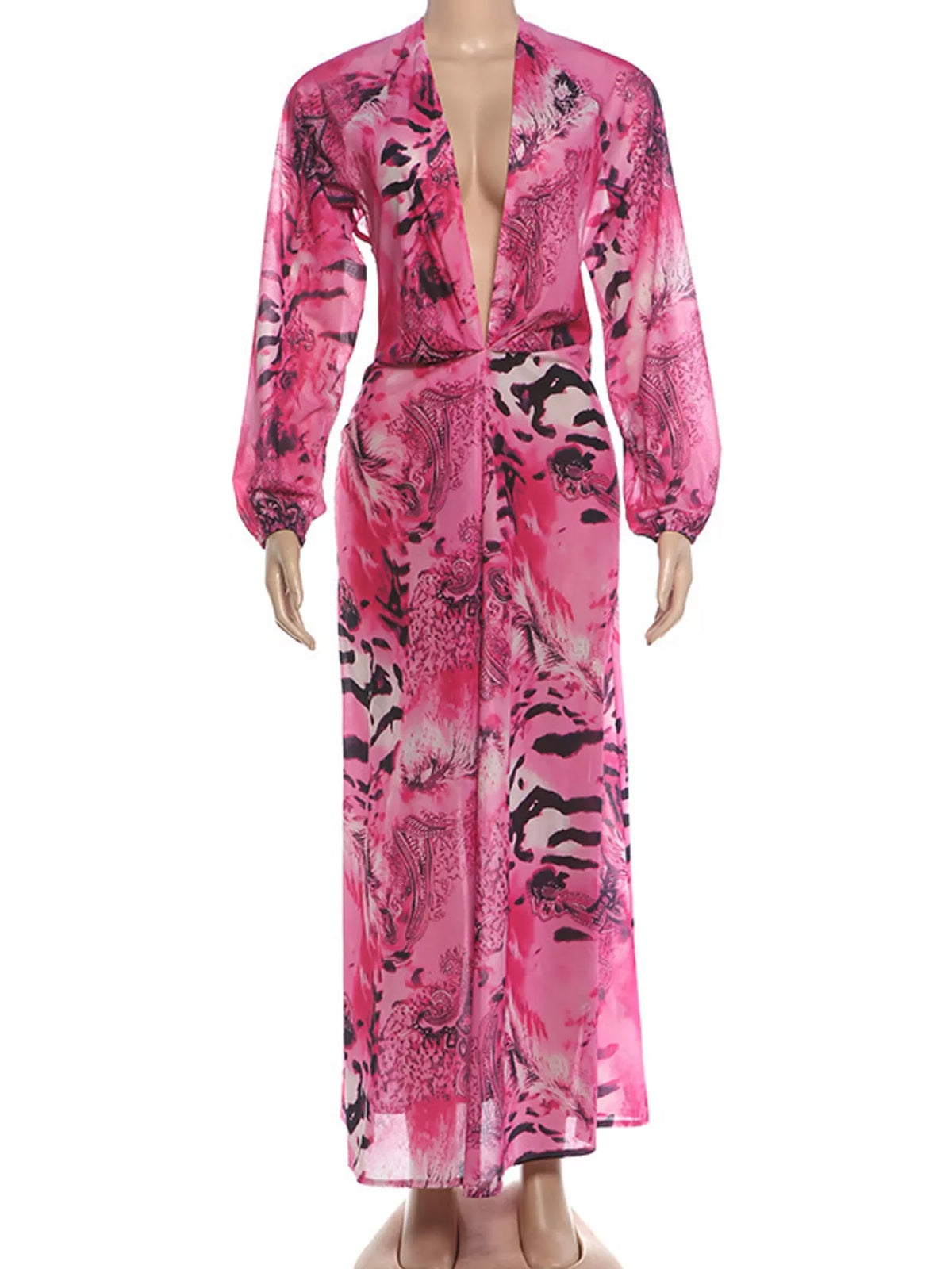 Pink printed maxi dress with deep V neckline and long sleeves, front view