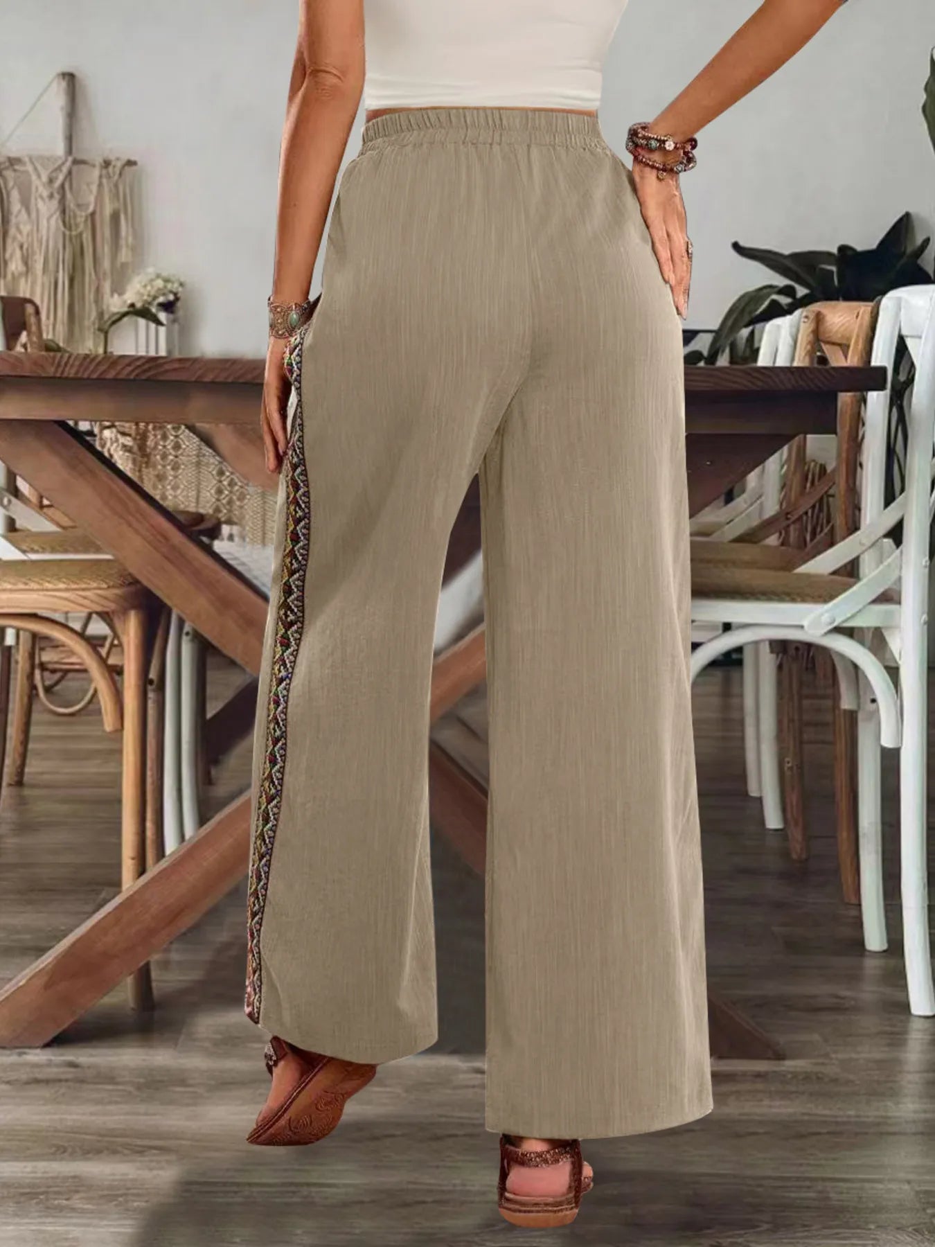 Khaki wide-leg pants with embroidered side stripe and elastic waistband