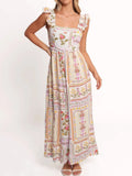 Floral print ruffle strap jumpsuit with square neckline, smocked waist, wide-leg