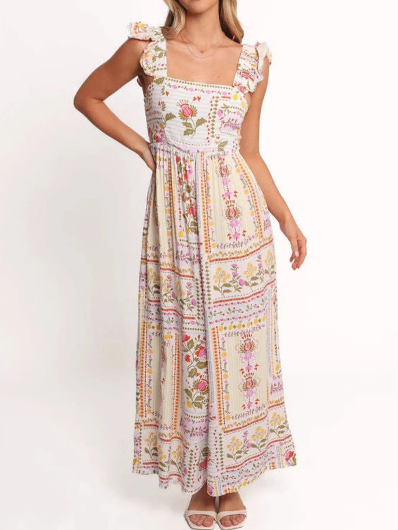 Floral print ruffle strap jumpsuit with square neckline, smocked waist, wide-leg