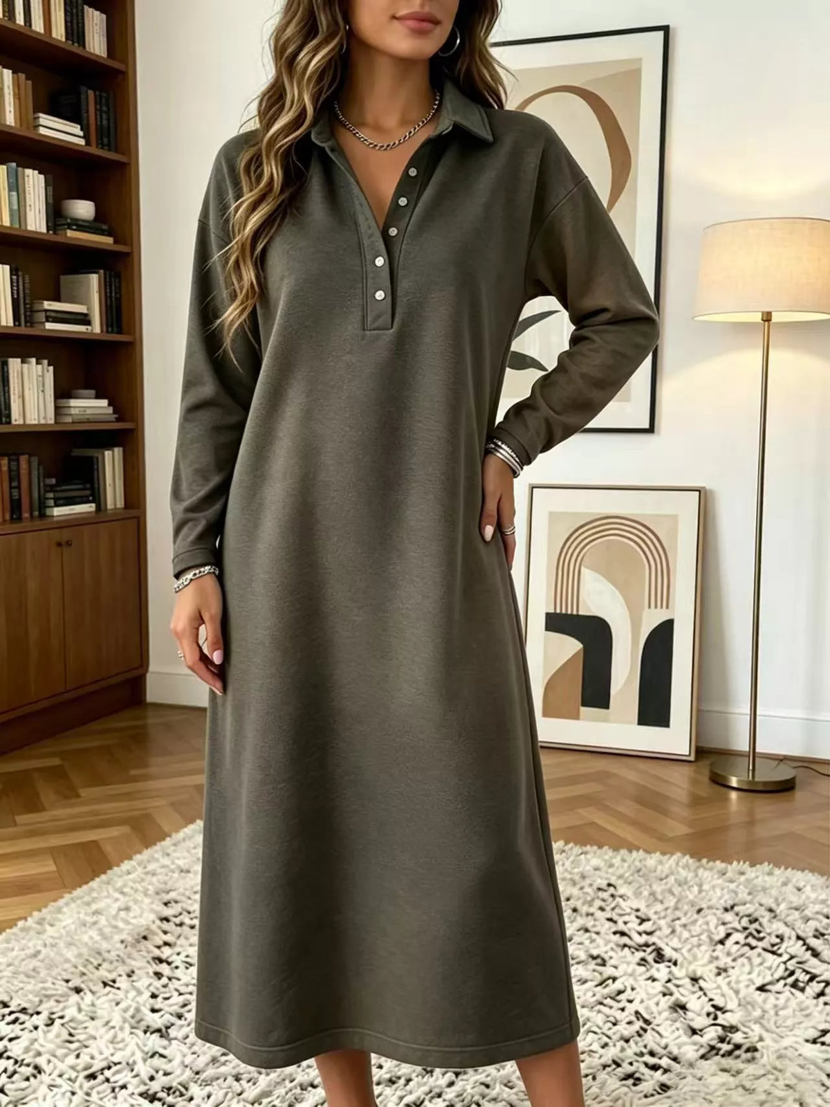 Dark gray long-sleeve midi polo dress with button placket and polo collar